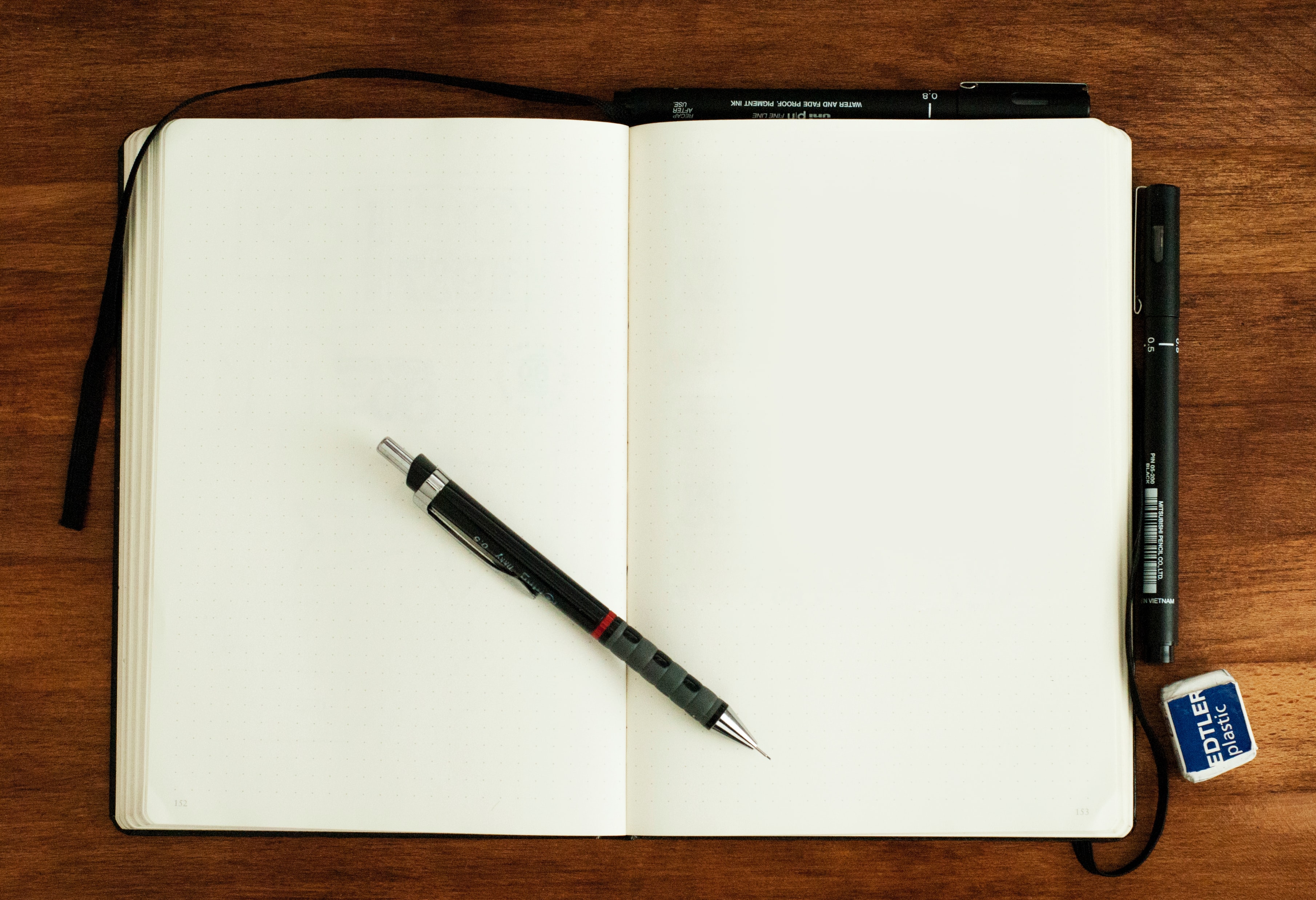 Un carnet ouvert sur une double-page blanche, sur lequel est posé un stylo. Une gomme et deux autres stylos sont posés sur le bureau à côté du carnet.